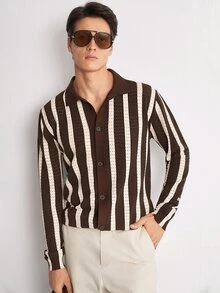 RONVEXI Men's Striped Long Sleeve Single-Breasted Casual Knit Cardigan Holiday Festival Autumn Streetwear Winter - Brown - View 4