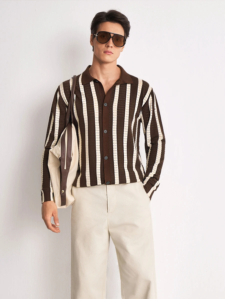 RONVEXI Men's Striped Long Sleeve Single-Breasted Casual Knit Cardigan Holiday Festival Autumn Streetwear Winter - Brown - View 1