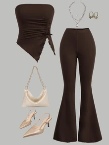 SHEIN Girlism 2pcs/Set Teen Girl Ruched Bandeau Top & Flared Pants Set - Brown - View 1