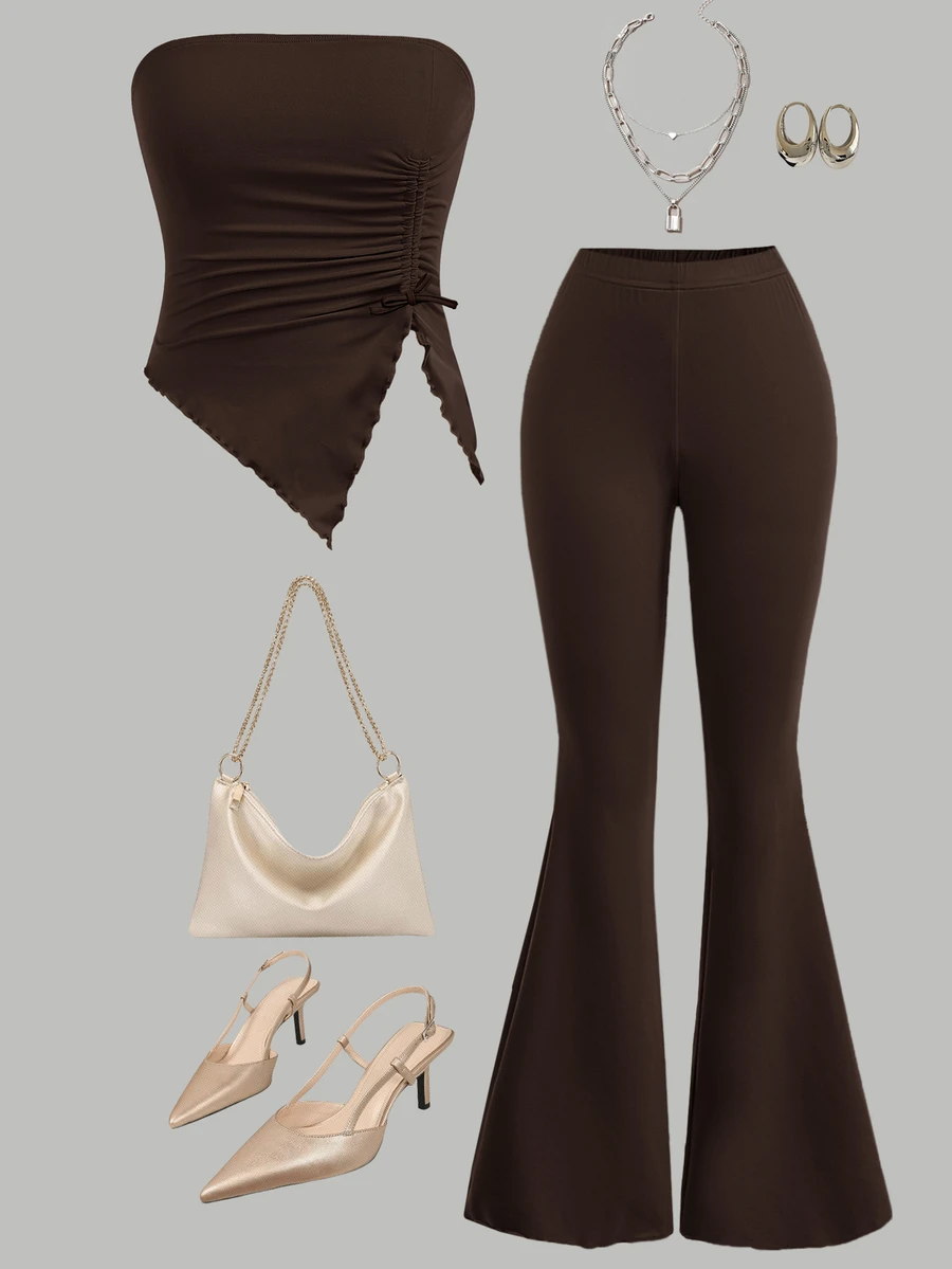 SHEIN Girlism 2pcs/Set Teen Girl Ruched Bandeau Top & Flared Pants Set - Brown - View 1