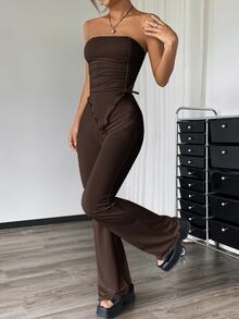SHEIN Girlism 2pcs/Set Teen Girl Ruched Bandeau Top & Flared Pants Set - Brown - View 3