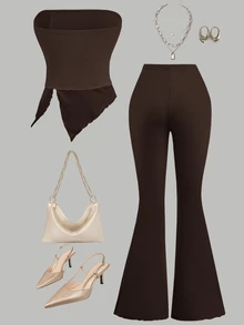 SHEIN Girlism 2pcs/Set Teen Girl Ruched Bandeau Top & Flared Pants Set - Brown - View 2