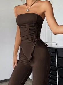 SHEIN Girlism 2pcs/Set Teen Girl Ruched Bandeau Top & Flared Pants Set - Brown - View 6
