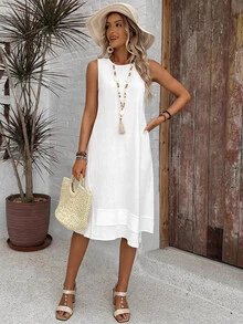 EMERY ROSE Casual Boho Solid Color Round Neck A-Line Summer Dress, Women Summer Dress,Casual Picnic Vacation White - Multicolor - View 7