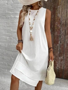 EMERY ROSE Casual Boho Solid Color Round Neck A-Line Summer Dress, Women Summer Dress,Casual Picnic Vacation White - Multicolor - View 3