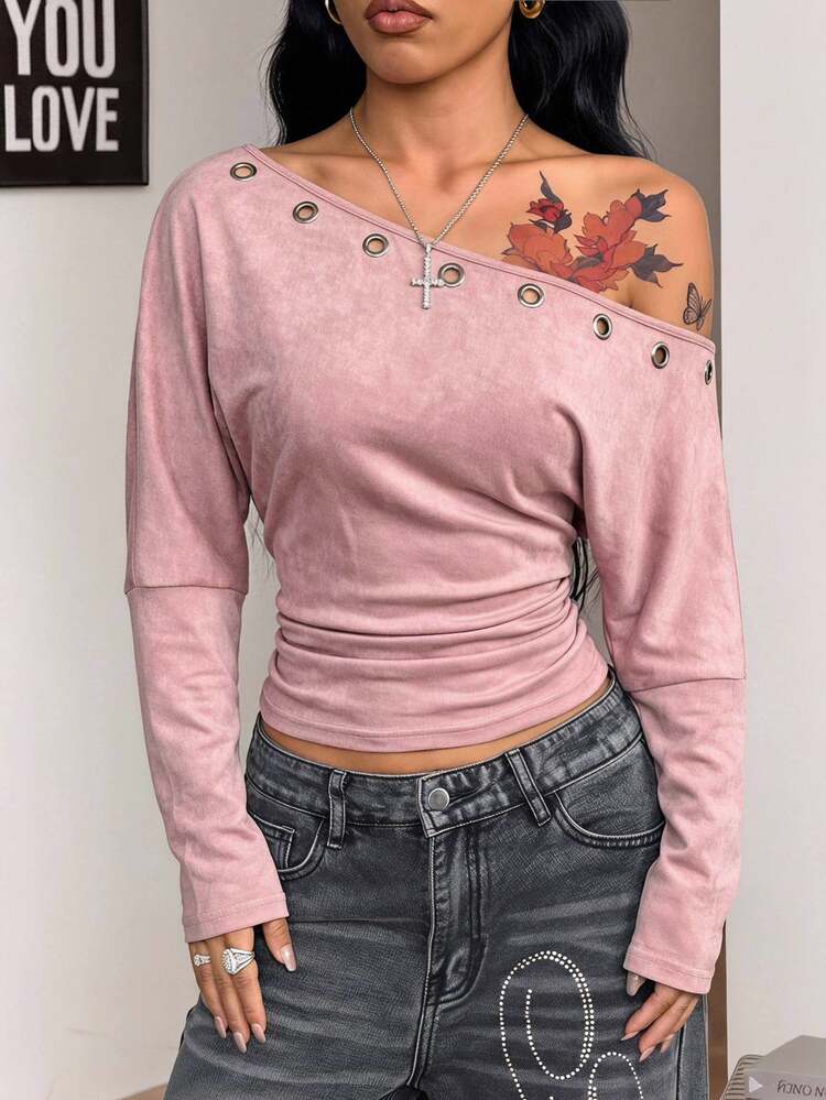 Coolane Women's Autumn Fashion Asymmetrical Collar T-Shirt - Pink - View 5