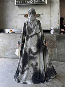 Al Najma 2 Pcs Elegant Modest Women's Fall/Winter Set Women's Long Sleeve Loose Ink-Dyed Arabic Abaya Formal Christening Guest Grey - Coffee Brown - View 3