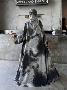 Al Najma 2 Pcs Elegant Modest Women's Fall/Winter Set Women's Long Sleeve Loose Ink-Dyed Arabic Abaya Formal Christening Guest Grey - Coffee Brown - View 2