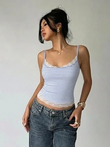 Aloruh 女士性感Y2K蕾丝拼接条纹印花吊带背心 - 藍色 - 查看 9