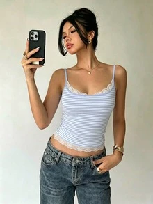 Aloruh 女士性感Y2K蕾丝拼接条纹印花吊带背心 - 藍色 - 查看 4