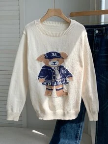 Comfortcana 女款卡通熊圖案圓領長袖休閒學院風毛衣 校園米白色秋季 - 杏色 - 查看 8