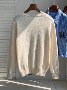 Comfortcana 女款卡通熊圖案圓領長袖休閒學院風毛衣 校園米白色秋季 - 杏色 - 查看 3