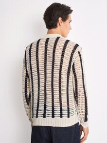 RONVEXI Men's Collared Striped Slouchy Long Sleeve Cardigan , Casual Hollow Knit Spring/Summer, Spring/Summer Beige Contrast Color Loose Knit Cardigan, Fashionable Commuter New French Style Slim Fit, Versatile Slimming Vertical Striped Mesh Long Sleeve Knit Cardigan - Beige - View 2