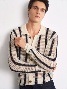 RONVEXI Men's Collared Striped Slouchy Long Sleeve Cardigan , Casual Hollow Knit Spring/Summer, Spring/Summer Beige Contrast Color Loose Knit Cardigan, Fashionable Commuter New French Style Slim Fit, Versatile Slimming Vertical Striped Mesh Long Sleeve Knit Cardigan - Beige - View 3