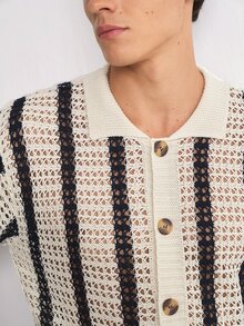 RONVEXI Men's Collared Striped Slouchy Long Sleeve Cardigan , Casual Hollow Knit Spring/Summer, Spring/Summer Beige Contrast Color Loose Knit Cardigan, Fashionable Commuter New French Style Slim Fit, Versatile Slimming Vertical Striped Mesh Long Sleeve Knit Cardigan - Beige - View 5