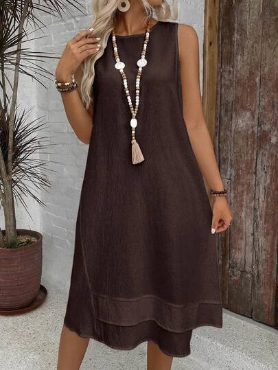 EMERY ROSE Abito estivo casual e modesto a tinta unita con scollo rotondo e linea ad A, abito estivo da donna per brunch, vacanze e caffè, colore marrone