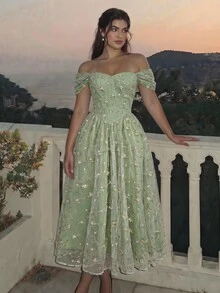 SHEIN MOD 大尺碼女款優雅 Ninang 開肩刺繡收腰中長洋裝，綠色，適用舞會、婚禮賓客、畢業季，奢華夏季款 - 綠色 - 查看 9