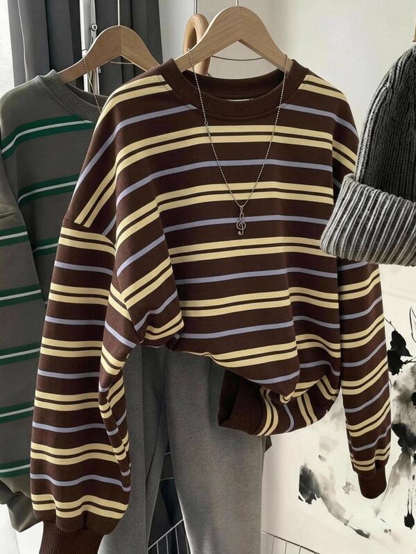SHEIN LUNE كنزة نسائية بنية مخططة بتصميم ألوان متباينة كاجوال متعددة الاستخدامات يومية بأكمام طويلة للخريف للنهار والسهرات