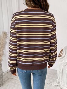 SHEIN LUNE 女款棕色條紋拼接休閒百搭長袖衛衣，適合秋季日常穿著與夜晚外出 - 彩色 - 查看 2