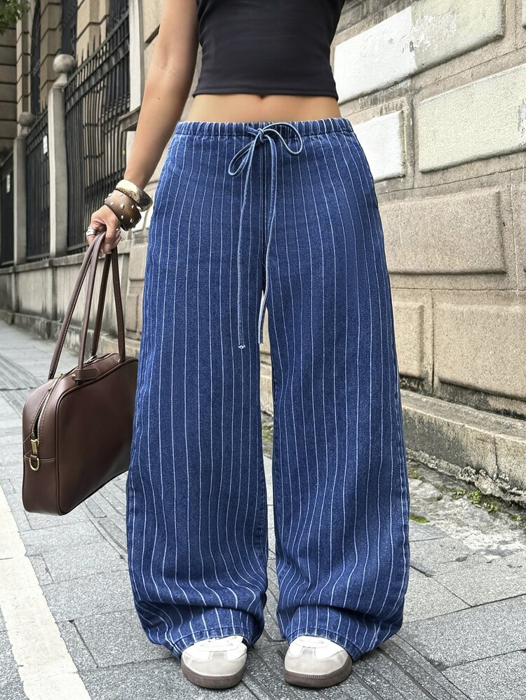 StreetHx Petite Women's Striped Drawstring Waist Loose Fit Denim Jeans For Daily Wear - Blue - View 6