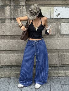 StreetHx Petite Women's Striped Drawstring Waist Loose Fit Denim Jeans For Daily Wear - Blue - View 4