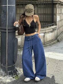 StreetHx Petite Women's Striped Drawstring Waist Loose Fit Denim Jeans For Daily Wear - Blue - View 1