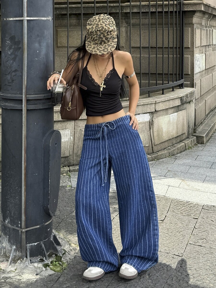StreetHx Petite Women's Striped Drawstring Waist Loose Fit Denim Jeans For Daily Wear - Blue - View 1