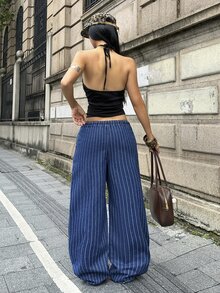 StreetHx Petite Women's Striped Drawstring Waist Loose Fit Denim Jeans For Daily Wear - Blue - View 2
