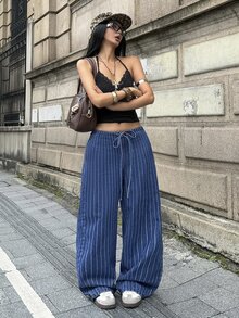 StreetHx Petite Women's Striped Drawstring Waist Loose Fit Denim Jeans For Daily Wear - Blue - View 5