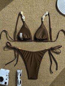 Swim Chiccia 女款夏季海灘優雅度假風 珠飾純色亮面布料 細肩帶露背性感抽繩抓皺綁帶高腰比基尼泳衣套裝 - 棕色 - 查看 2