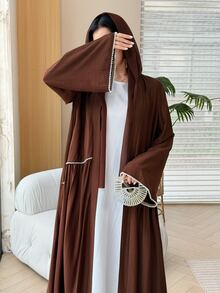 Al Najma Elegant Rustic Sophisticated Lady Style Rhinestone Line Embellished Gold Long Cardigan Women's Arabic Abaya Autumn Brown - Brown - View 9