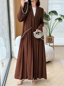 Al Najma Elegant Rustic Sophisticated Lady Style Rhinestone Line Embellished Gold Long Cardigan Women's Arabic Abaya Autumn Brown - Brown - View 11