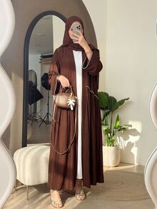 Al Najma Elegant Rustic Sophisticated Lady Style Rhinestone Line Embellished Gold Long Cardigan Women's Arabic Abaya Autumn Brown - Brown - View 2