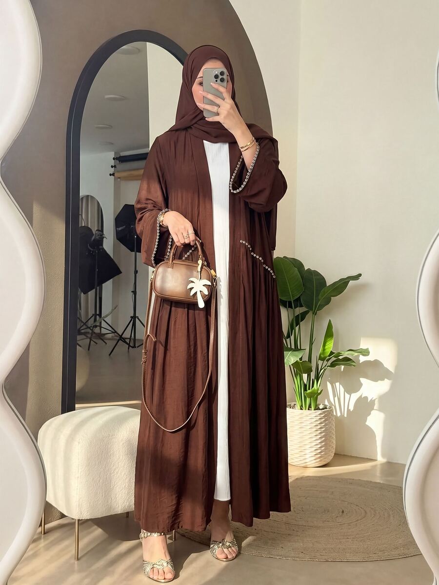 Al Najma Elegant Rustic Sophisticated Lady Style Rhinestone Line Embellished Gold Long Cardigan Women's Arabic Abaya Autumn Brown