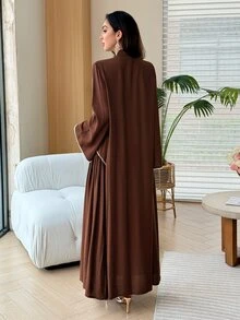 Al Najma Elegant Rustic Sophisticated Lady Style Rhinestone Line Embellished Gold Long Cardigan Women's Arabic Abaya Autumn Brown - Brown - View 7