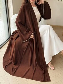 Al Najma Elegant Rustic Sophisticated Lady Style Rhinestone Line Embellished Gold Long Cardigan Women's Arabic Abaya Autumn Brown - Brown - View 8