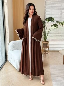 Al Najma Elegant Rustic Sophisticated Lady Style Rhinestone Line Embellished Gold Long Cardigan Women's Arabic Abaya Autumn Brown - Brown - View 3