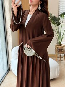Al Najma Elegant Rustic Sophisticated Lady Style Rhinestone Line Embellished Gold Long Cardigan Women's Arabic Abaya Autumn Brown - Brown - View 6
