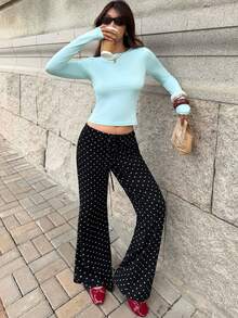 MainGRL 女款黑白波點針織喇叭褲，日常海灘度假秋季休閒 70s 90s 風格 - 黑色 - 查看 3