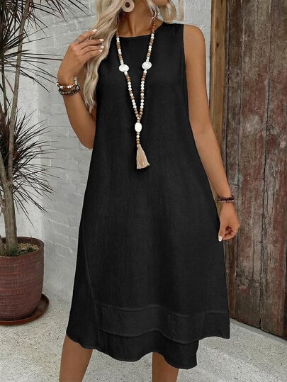 EMERY ROSE Casual Modest Solid Color Round Neck A-Line Summer Dress, Women Summer Dress,Casual,Summer Dresses For Women Vacation Black