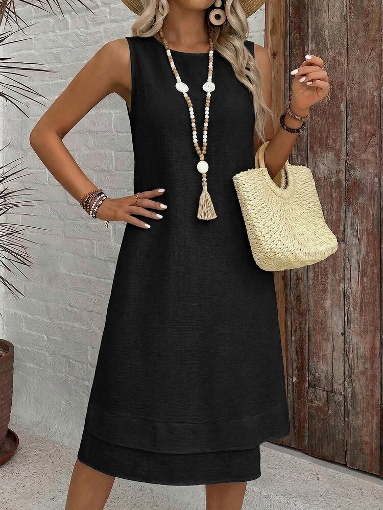 EMERY ROSE Casual Modest Solid Color Round Neck A-Line Summer Dress, Women Summer Dress,Casual,Summer Dresses For Women Vacation Black - Black - View 8