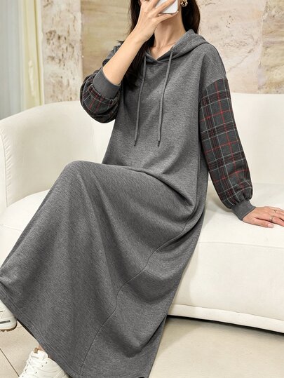 Rue Lumi Women's Casual Retro Vintage 70s Preppy Plaid Patchwork Long Hooded Sweatshirt, Autumn/Winter Teacher School Brunch Grey Plaid Saudi National Day