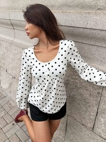 MainGRL 黑白波點女款圓領長袖鈕扣設計休閒浪漫復古T恤，適合日常、下午茶、秋季早午餐、約會之夜 - 黑與白 - 查看 3