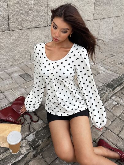 MainGRL White And Black Polka Dot Polka Dot Women's Round Neck Long Sleeve Button Design Casual Vintage T-Shirt Everyday High Tea Autumn