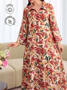 Yasmyna Collared Front Button Cotton Printed Multicolor Long Shirt - Red - View 3