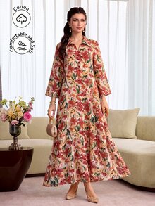 Yasmyna Collared Front Button Cotton Printed Multicolor Long Shirt - Red - View 7