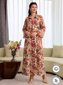 Yasmyna Collared Front Button Cotton Printed Multicolor Long Shirt - Red - View 4