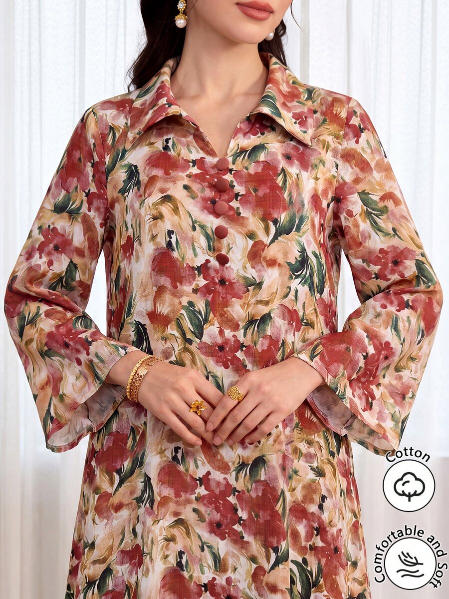 Yasmyna Collared Front Button Cotton Printed Multicolor Long Shirt - Red - View 1