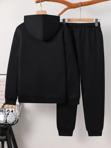 SHEIN 青少年男孩字母圖案連帽衛衣與抽繩腰運動長褲套裝 - 黑色 - 查看 4