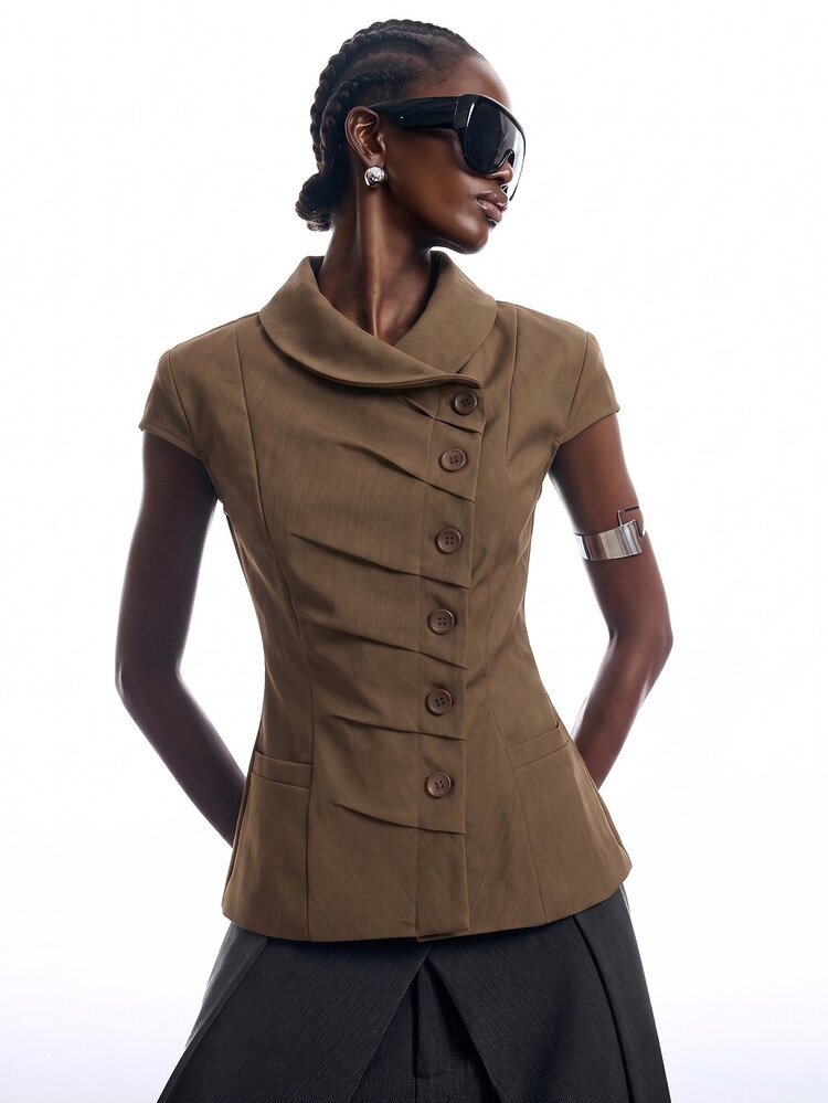 LYSMO Women's Elegant Design Button Pleated Waist-Cinching Blazer - Chocolate Brown - View 5